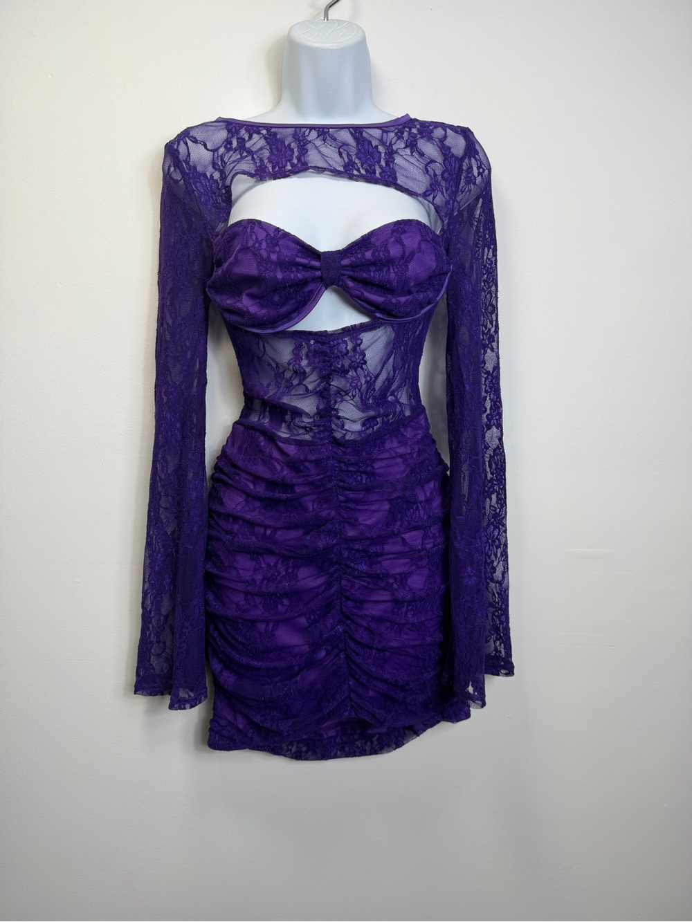 PrettyLittleThing Purple Lace Long Sleeve Cutout Bodycon Dress